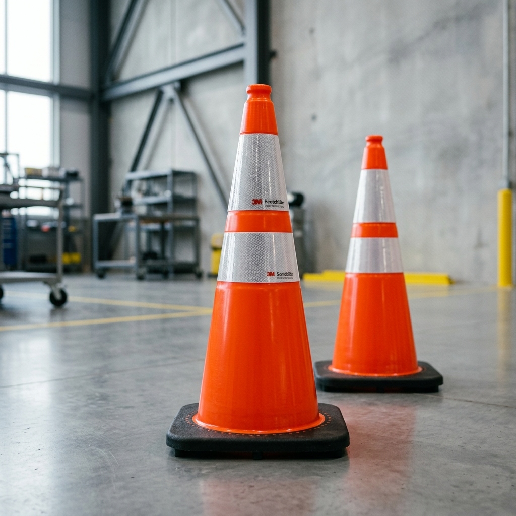 Dual high-visibility orange PVC traffic safety cones equipped with 3M retroreflective sleeves inside an industrial facility